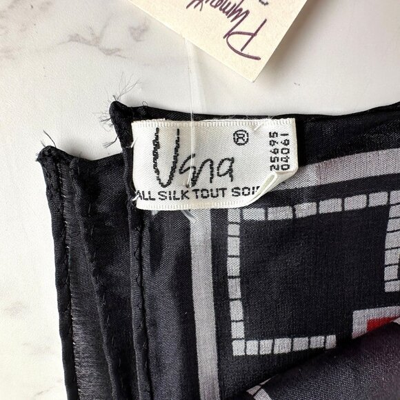 Vintage Vera Neumann Black Red Silver Grid Scarf - 28" Silk New with Tags - Picture 7 of 8
